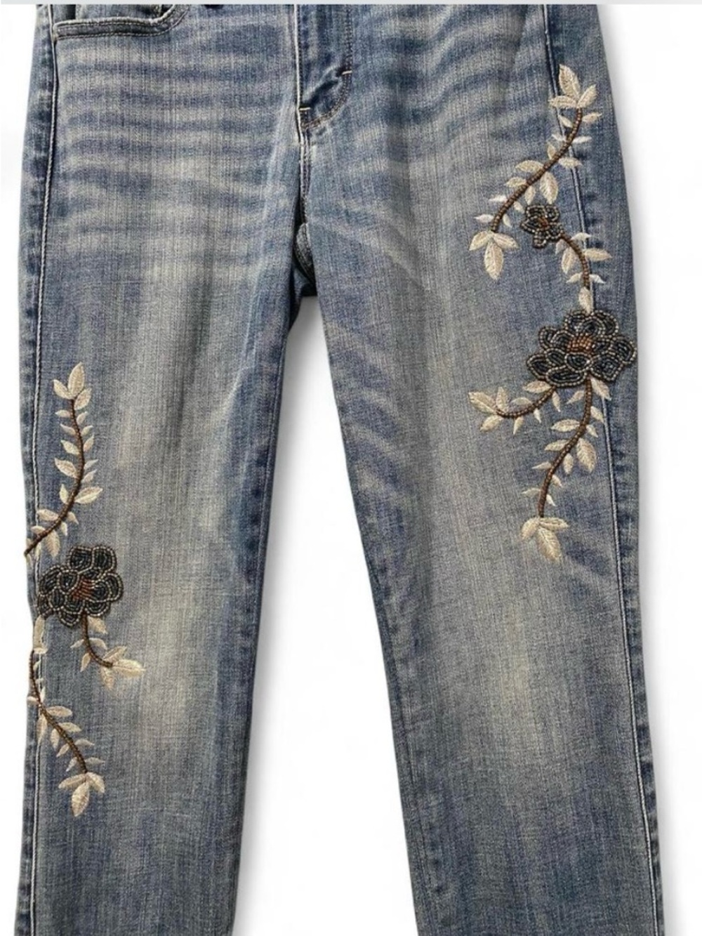 White House Black Market Light Blue Straight Leg Jeans with Floral Embroidery